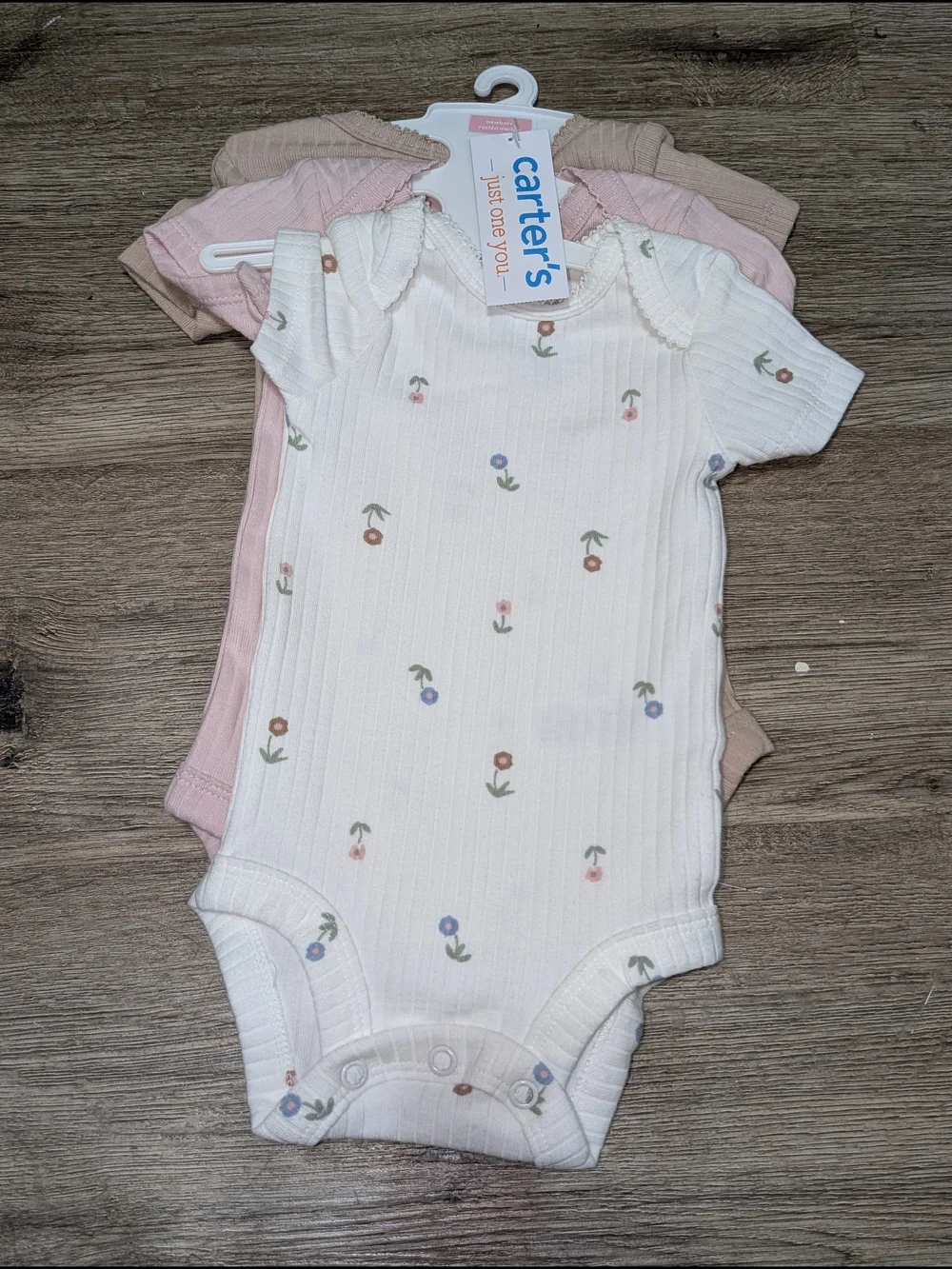 Carter's Newborn Baby Girl Ribbed One-Piece Bodysuits White Floral, Pink, Tan